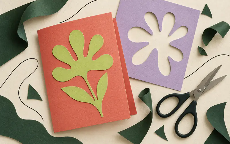 Fleurs en papier découpé et carte à composer