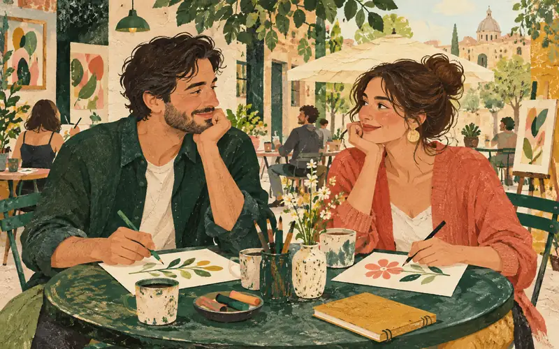 Deux adultes dessinent à la même table lors d’un rendez-vous dans un café