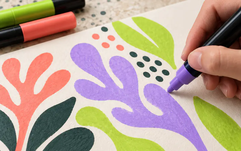 Un motif de feuilles et de fleurs tracé au marqueur sur papier